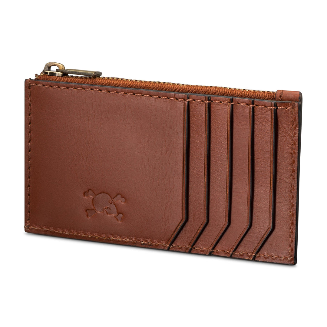 Skull & Bones Zip Leather Card Case Saddle