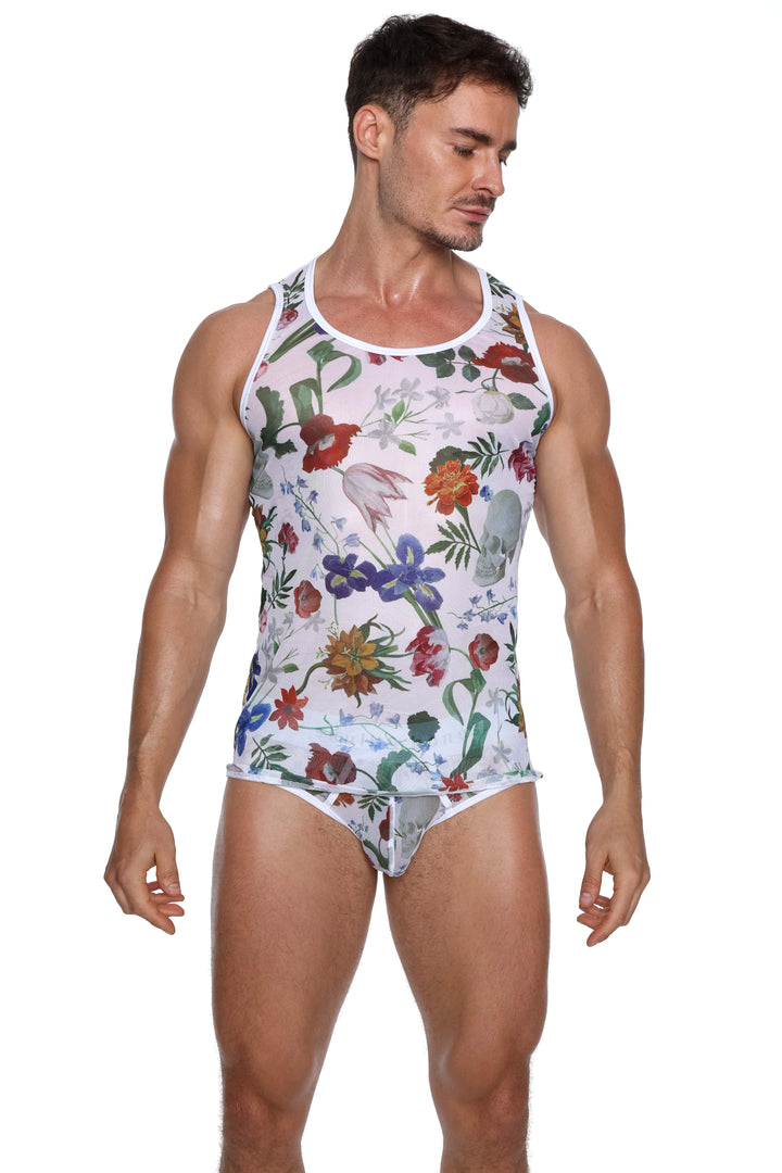 Dutch Floral Mesh Tank White