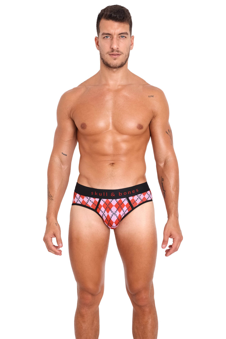 Skull Argyle Brief Red