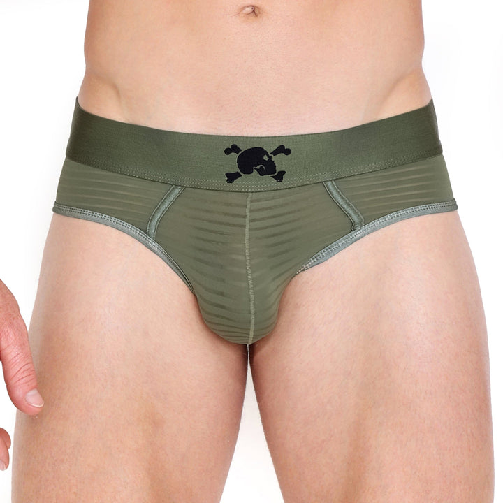 Just The Bones Sheer Olive Stripe Brief